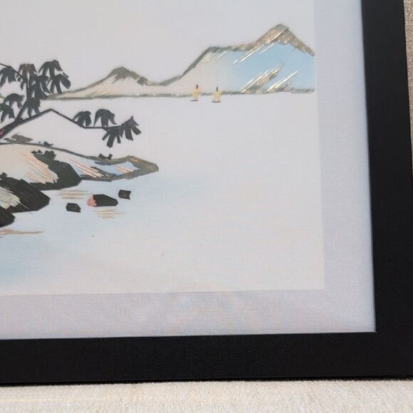 Framed Serene Coastal Scene Hand Cut Wheat Stalk Art on Silk - Picture 13 of 14